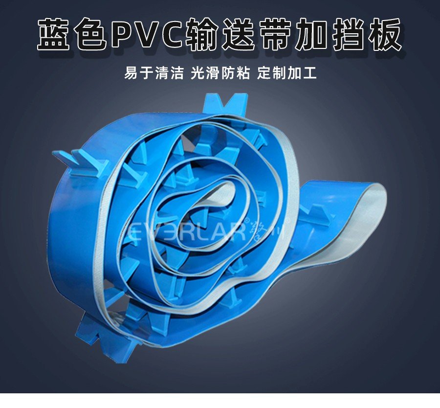 蓝色 PVC 输送带加挡板：工业