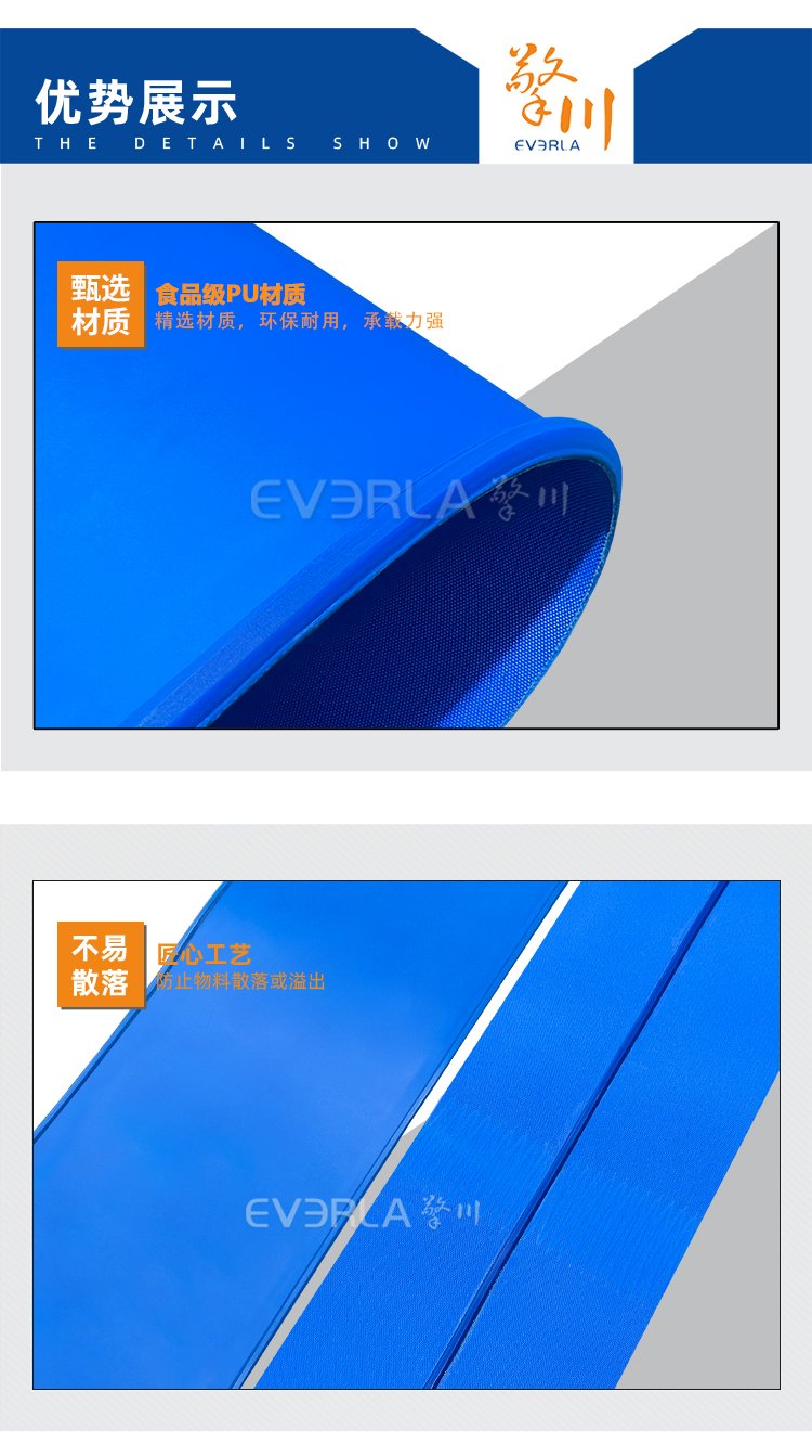 蓝色哑光PU输送带加导条