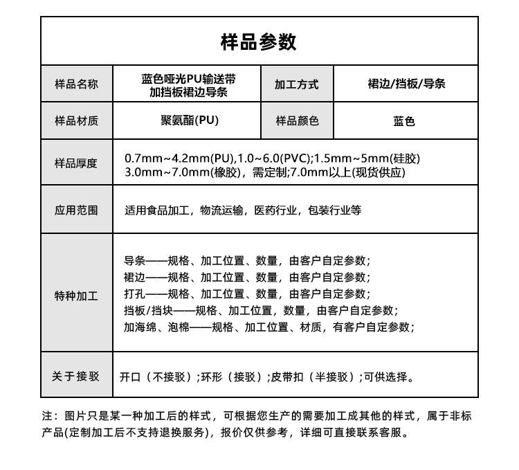 蓝色哑光PU输送带加挡板裙边导条