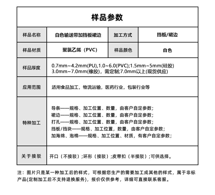白色PVC输送带加挡板裙边