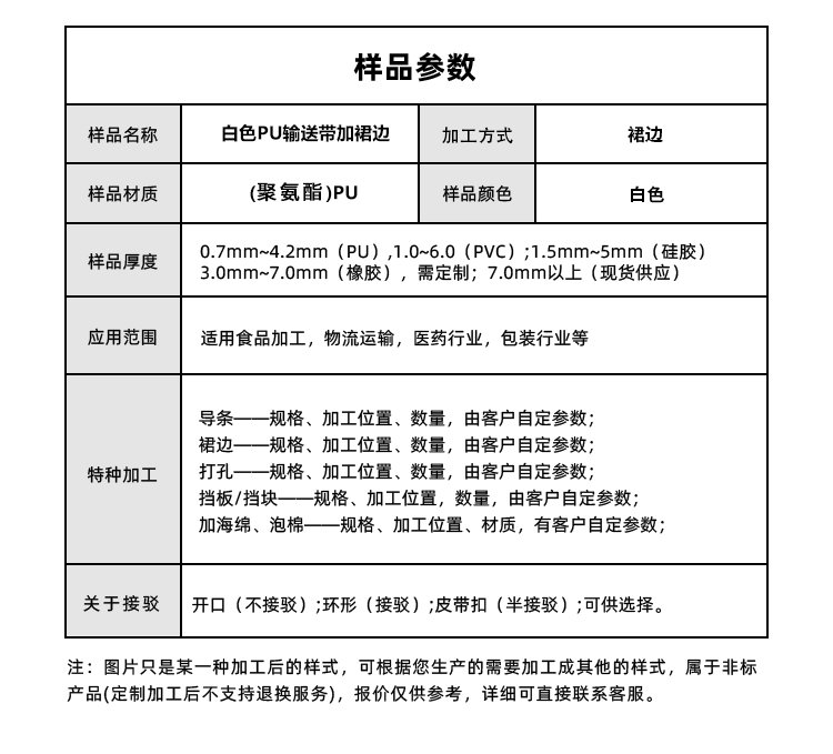 白色PU输送带加挡板裙边