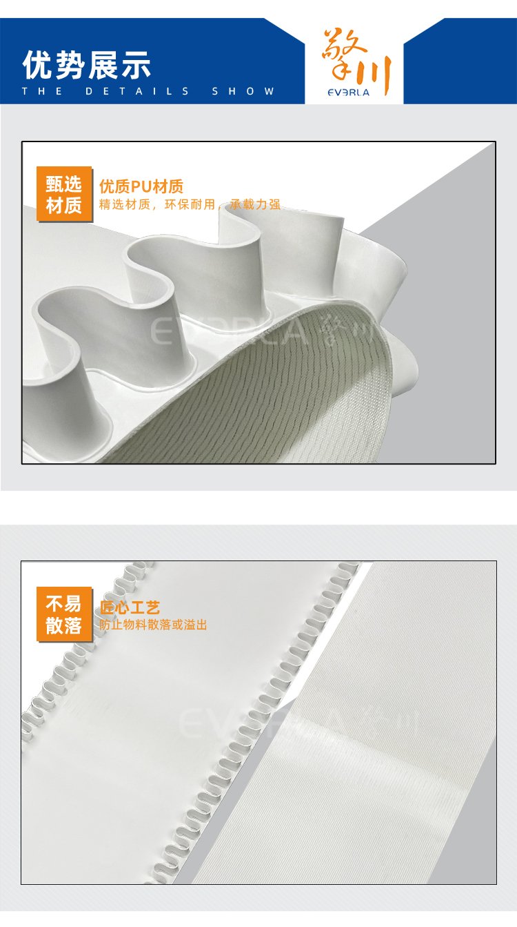 白色PU输送带加挡板裙边