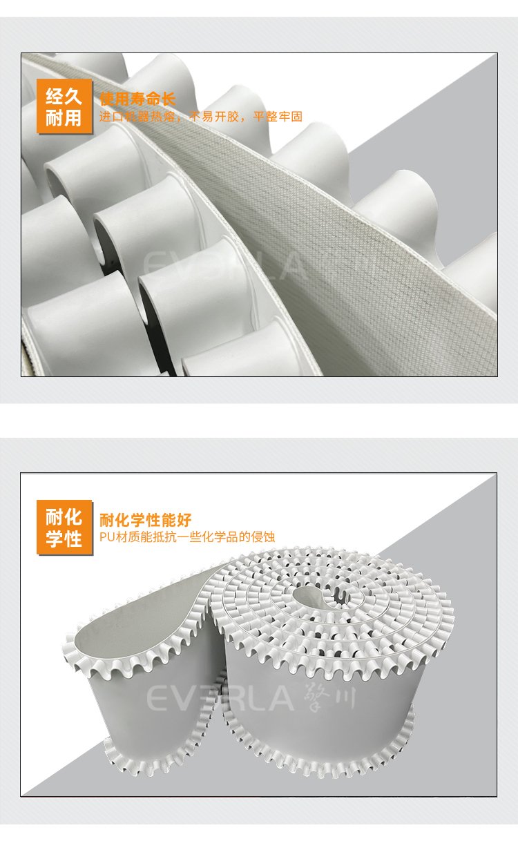 白色PU输送带加挡板裙边