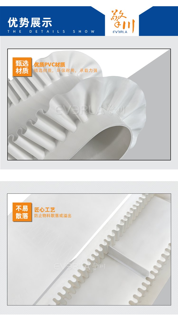 白色PVC输送带加挡板裙边