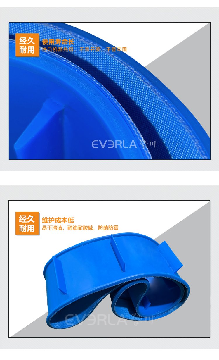 蓝色PU输送带加导条挡板